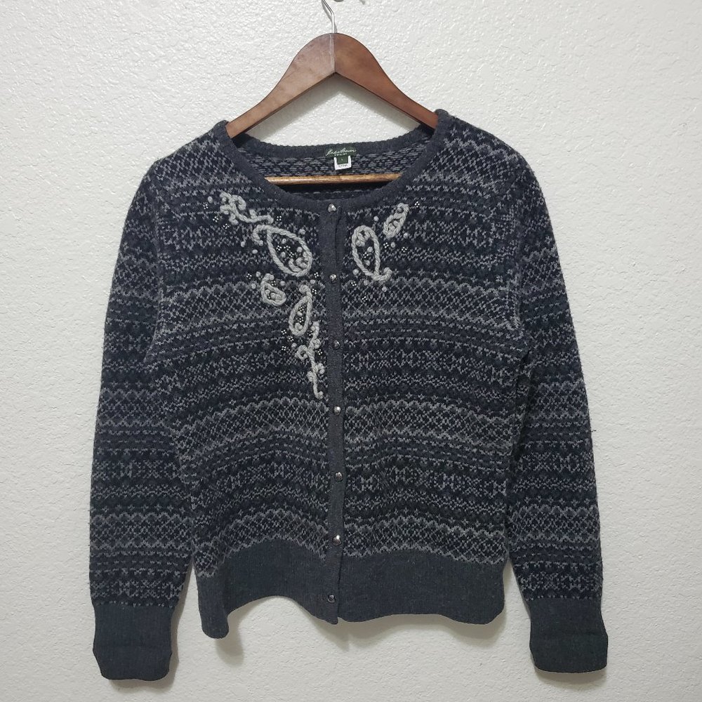 Eddie Bauer Fair Isle button up sweater cardigan wool gray